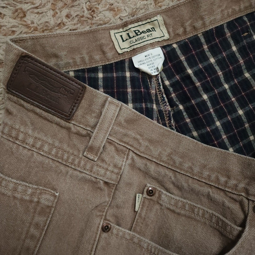 L.L.Bean Flannel Lined Pants Men 40x32 Tan Classic Fit Plaid Lining Cotton